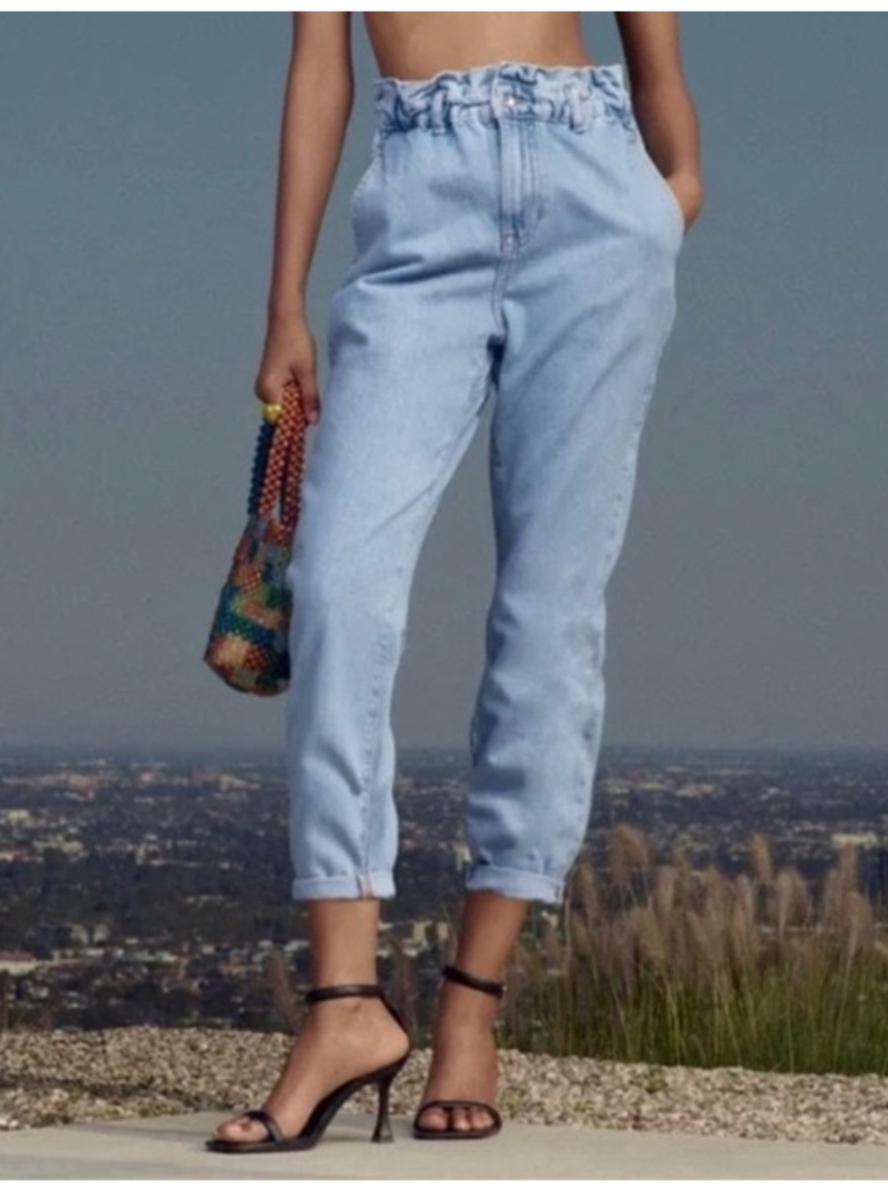 Zara Light Blue Paperbag Waist Boyfriend Jeans